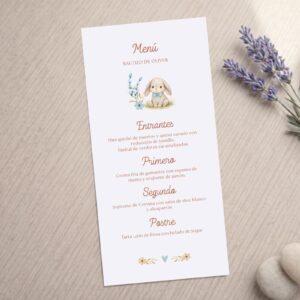 Minuta menú infantil con ilustración animal, para bautizos y fiestas infantiles, modelo Conejito con fondo blanco.