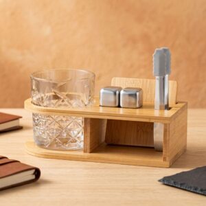 Set de whisky premium para regalar con vaso de cristal tallado, pinzas, cubitos y posavasos