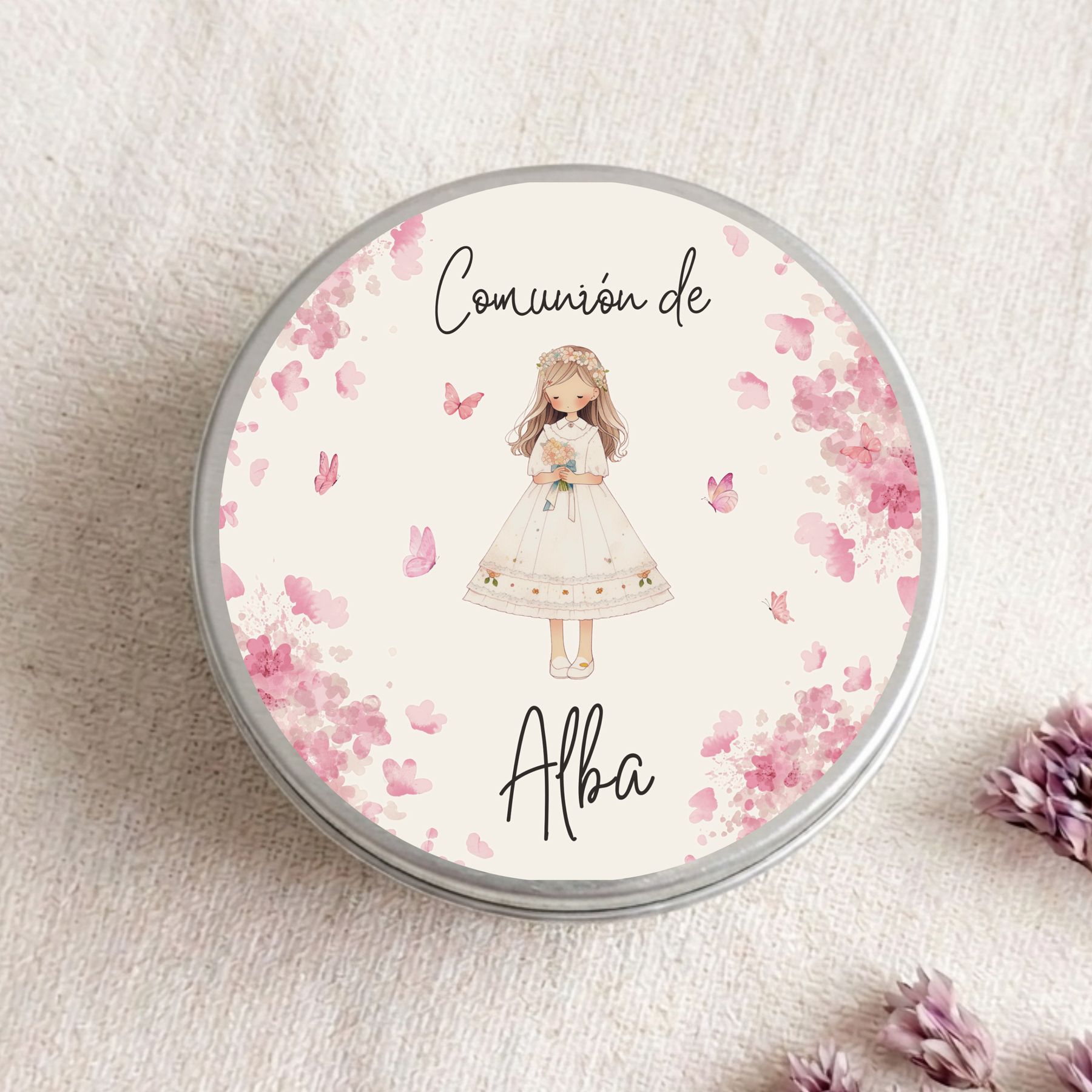 Velas personalizadas de comunión de niña, modelo Rose y estilo duce.