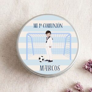 Velas personalizadas de comunión, para invitados, con temática de fútbol. modelo Horizonte.