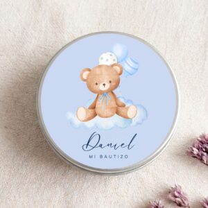 Velas personalizada pensadas como detalle para invitados de bautizo, modelo Celete