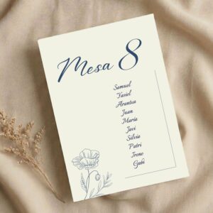 Seating plan fondo blanco modelo Delicadeza azul, para bodas y eventos