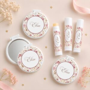 Pack de detalles, compuesto por espejito y bálsamo labial personalizados, para invitados de eventos