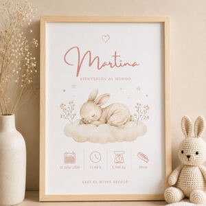 Cuadro de nacimiento personalizado con conejito y marco acabado pino.